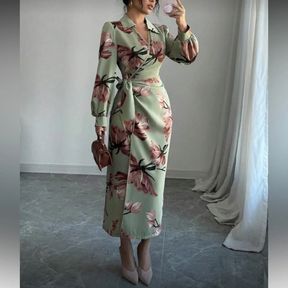 Floral Wrap Dress in Green and Pink